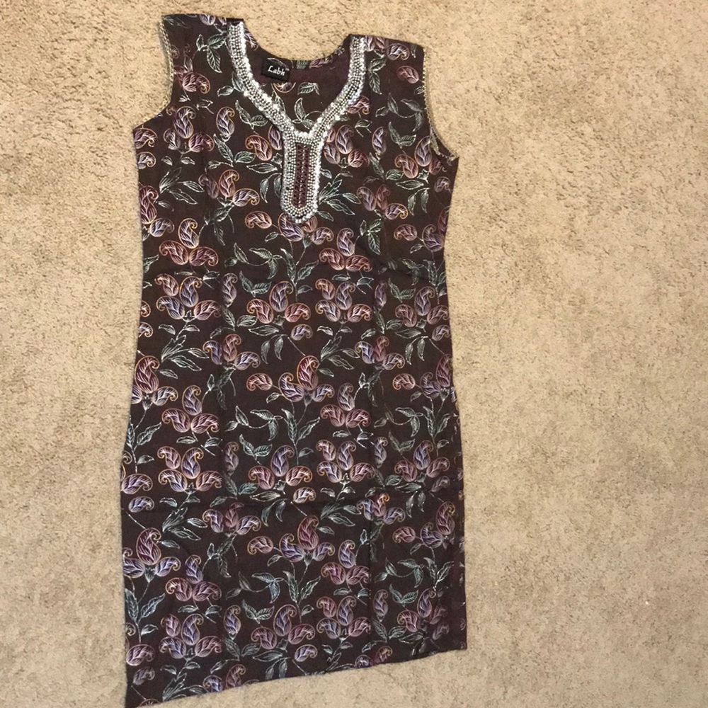 New brown color printed kurti &beads sequins work